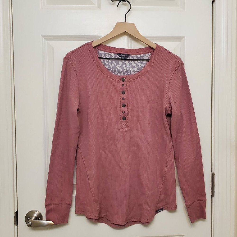Eddie Bauer Top - Long Sleeve Pink Waffle Knit Henley Shirt